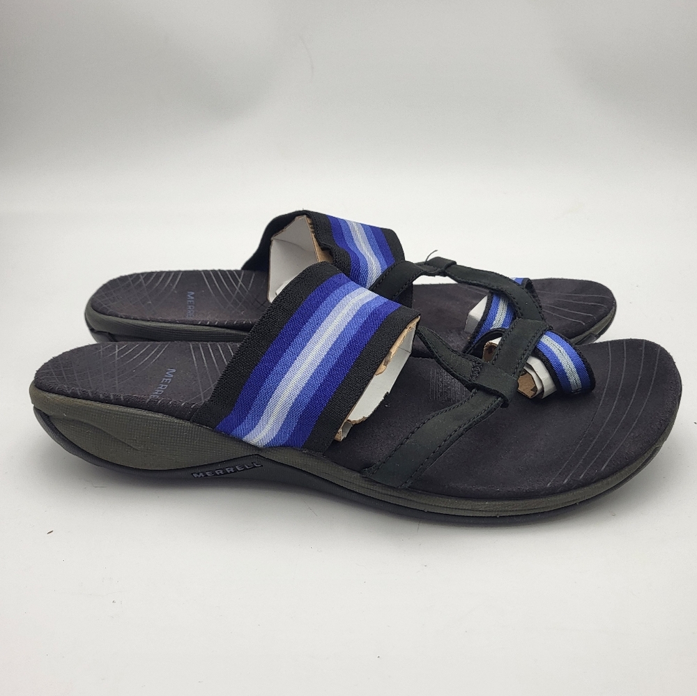 Merrll Womens Striped Blue and Black Sandals With Toe Ring - Size 8
